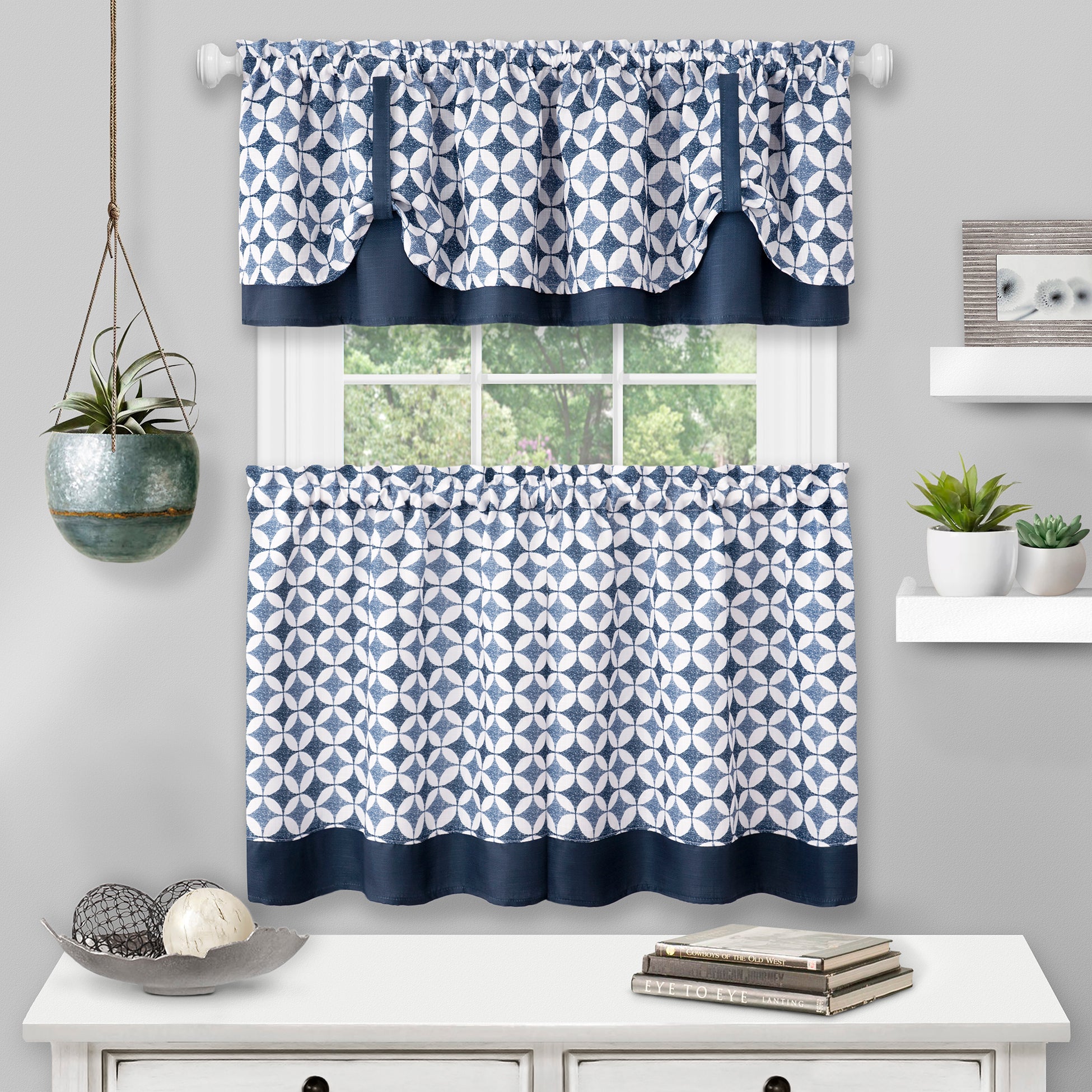 Callie Rod Pocket Tier & Valance Set - 058x024" Navy C45808- Marburn Curtains
