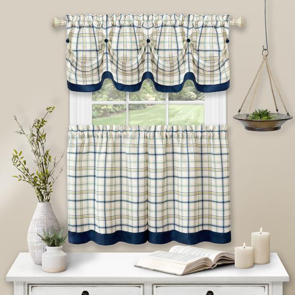 Tattersall Tier & Tucked Valance Set - 058x024" Navy C45825- Marburn Curtains