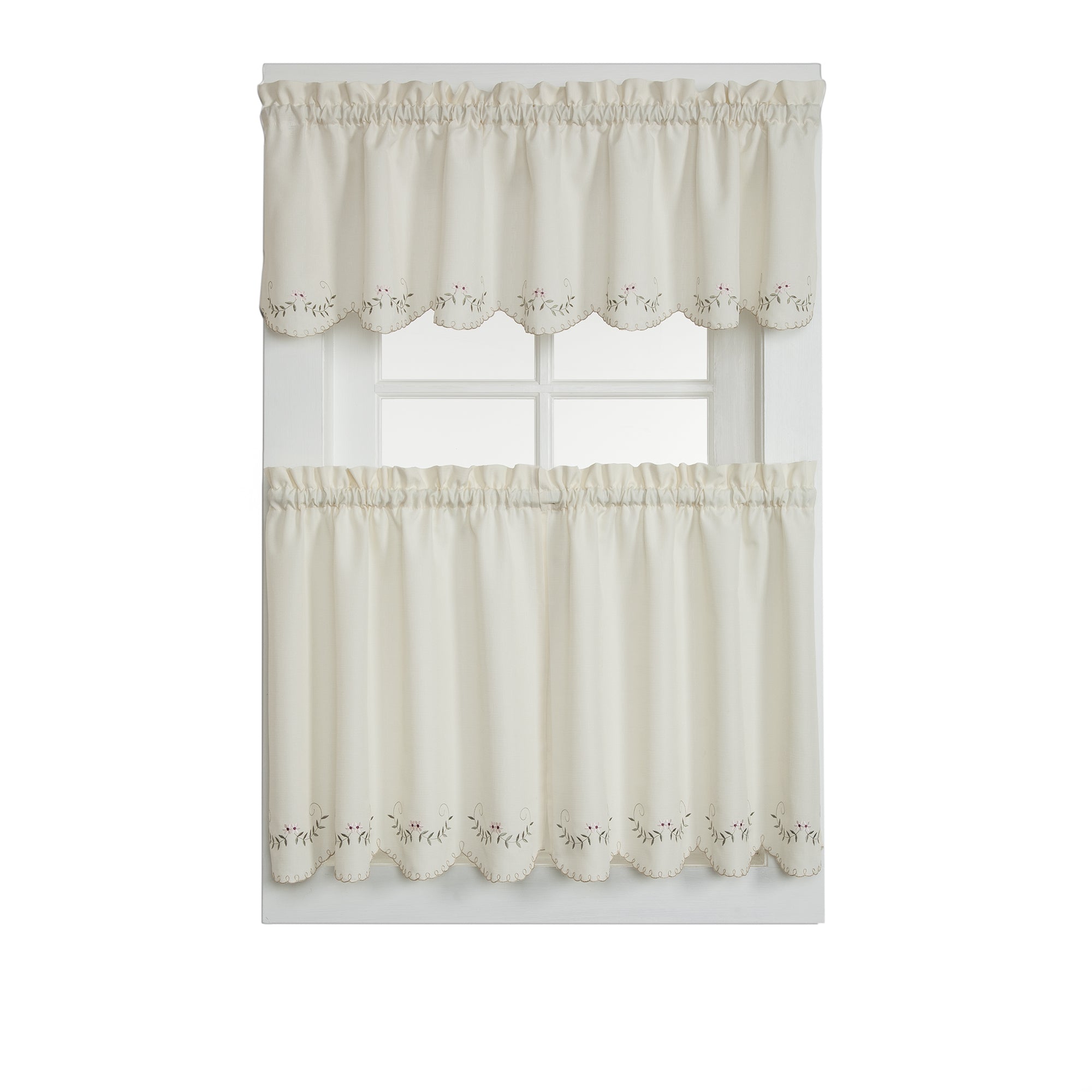 Forget-Me-Not Rod Pocket Tier/Valance/Tie-up Shade - Tier 060x024 Ecru Rose C25823- Marburn Curtains