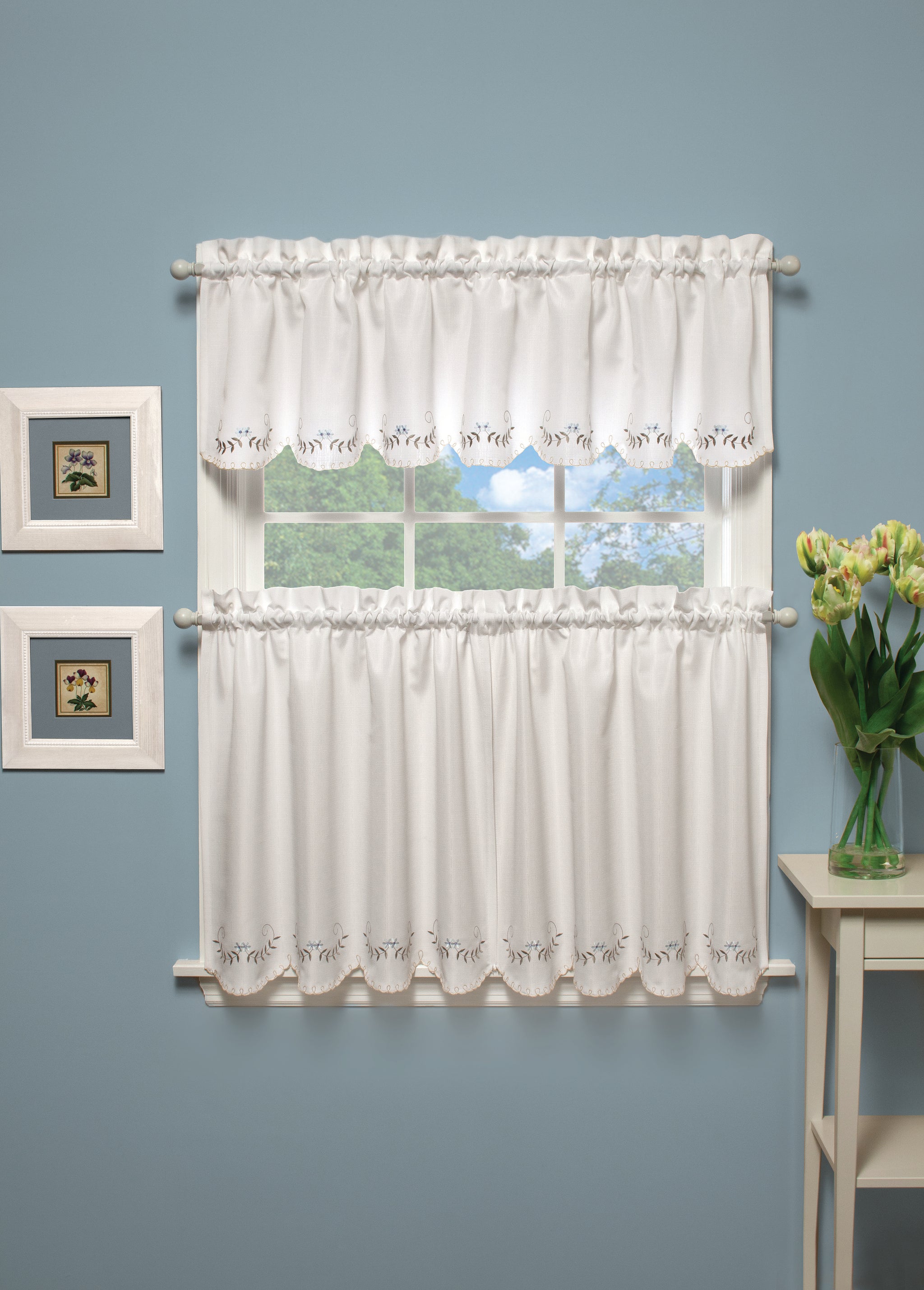 Forget-Me-Not Rod Pocket Tier/Valance/Tie-up Shade - Tier 060x024 White Blue C25824- Marburn Curtains