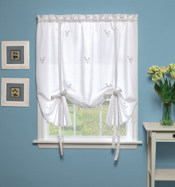 Forget-Me-Not Rod Pocket Tier/Valance/Tie-up Shade - Tie Up Shade 050x063 White/Blue C27814- Marburn Curtains