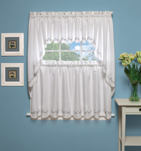 Forget-Me-Not Rod Pocket Tier/Valance/Tie-up Shade - Swag 060x038 White/Blue C25830- Marburn Curtains