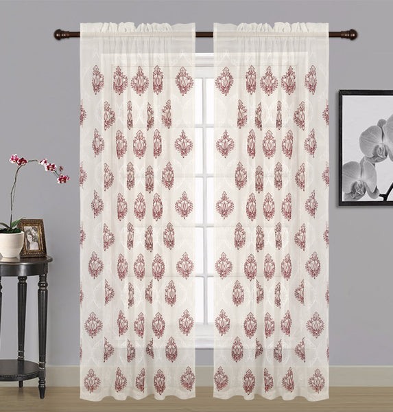 Zoey Sheer Embroidered Rod Pocket Panel 84" - 054x084   Burgundy  C42570- Marburn Curtains