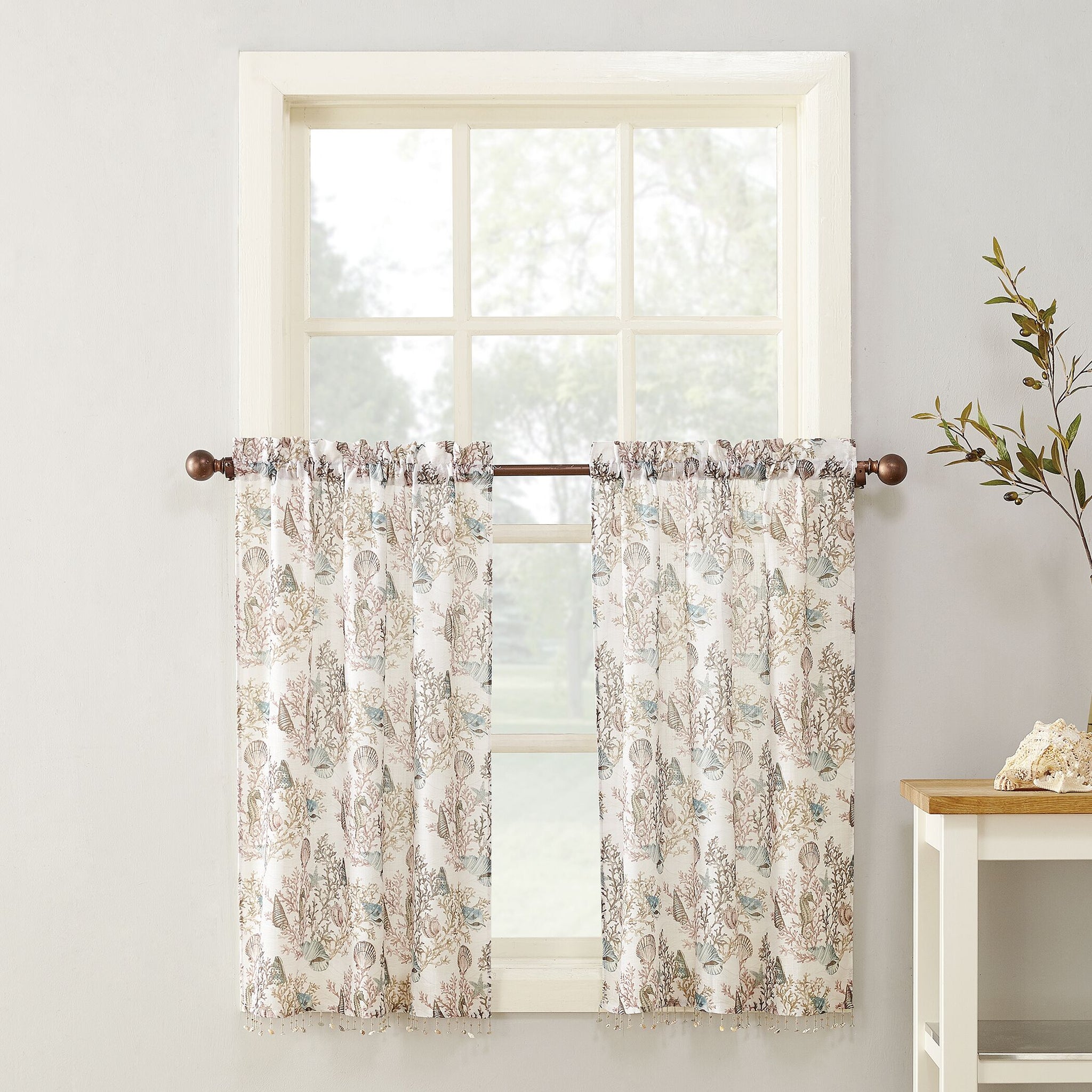 Coral Reef Rod Pocket Printed Tiers w/attached Shell Trim - 056x036 White C42482- Marburn Curtains