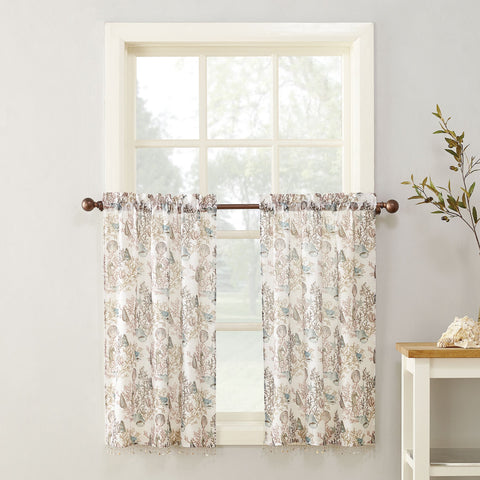 Coral Reef Rod Pocket Printed Tiers w/attached Shell Trim - 056x036 White C42482- Marburn Curtains